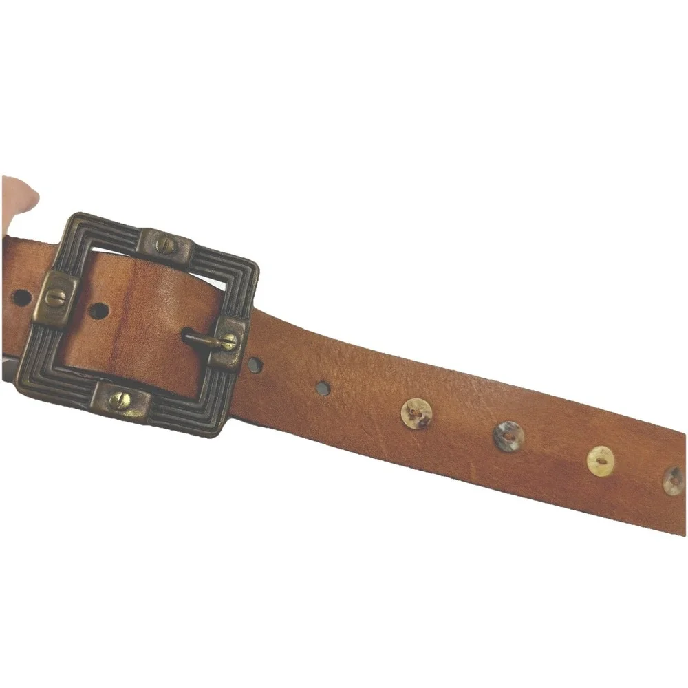 Genuine Leather Brown Belt Small Square Buckle Conch Shell Boho Western‎ Revival